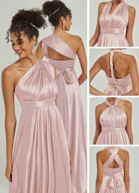 Blush Satin Convertible Bridesmaid Dress Multi Ways Wrap A-Line Gowns