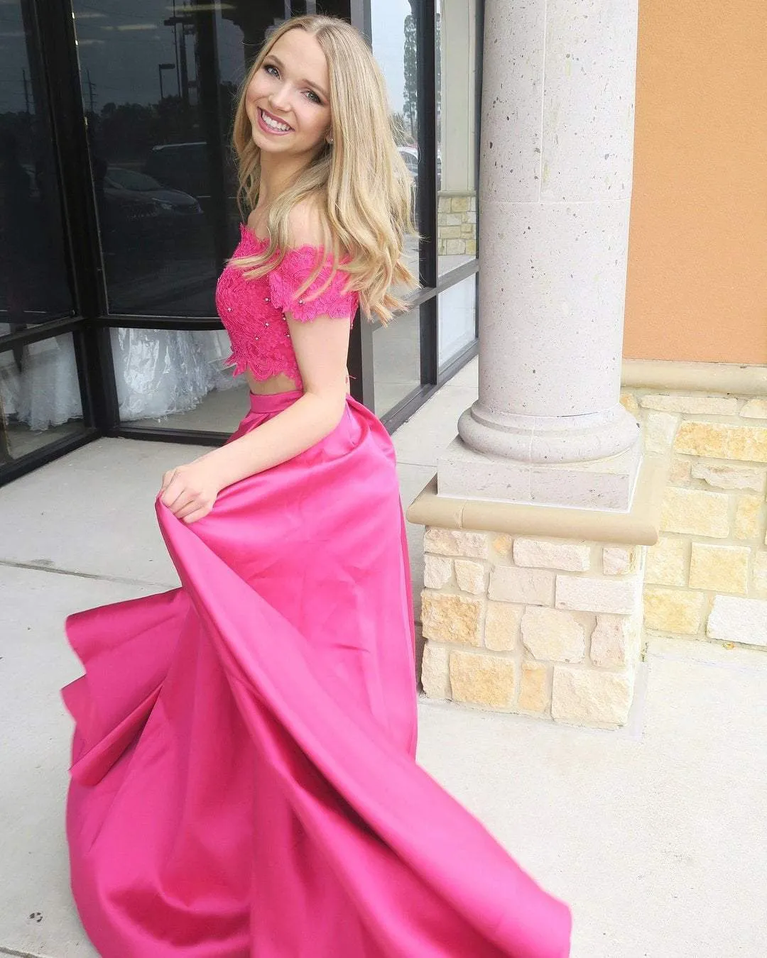 2 Pieces Lace Satin Prom Dresses, Beaded Prom Dresses, Off Shoulder Prom Dresses, Prom Dresses, BG0390