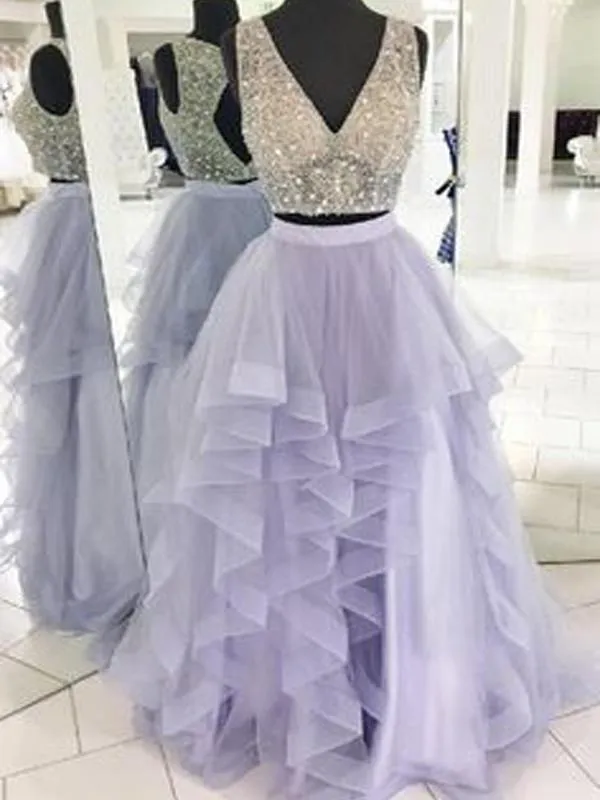 2 Pieces Prom Dresses, Beaded Prom Dresses, Lilac Prom Dresses, Long Prom Dresses, BG0393