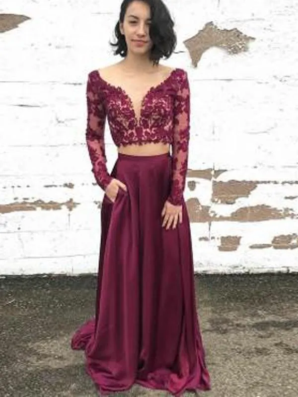 2 Pieces Prom Dresses, Long Sleeves Prom Dresses, Cheap Long Prom Dresses, BG0396