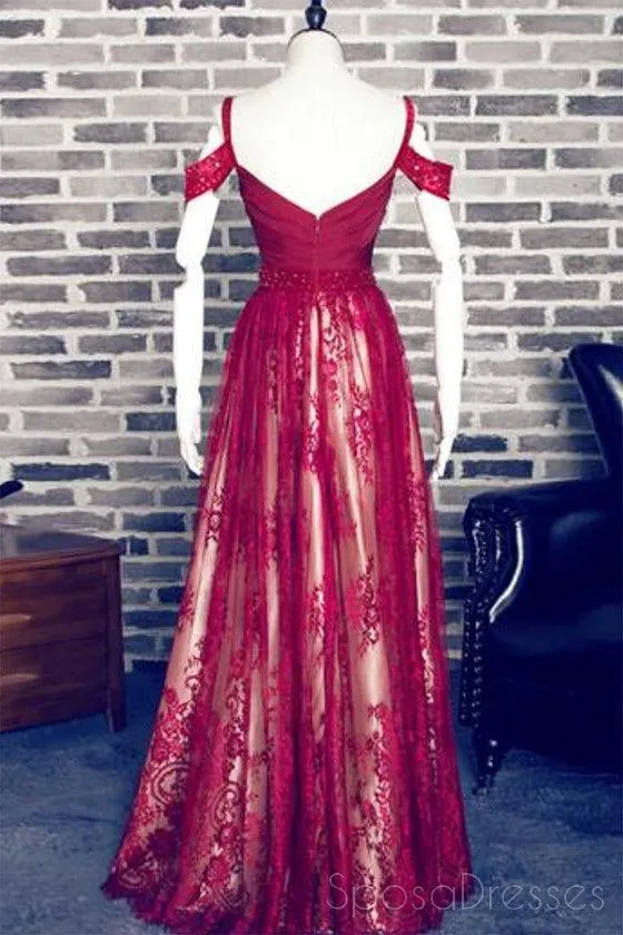 2018 Off Shoulder Dark Red Lace Cheap Long Evening Prom Dresses, 17502