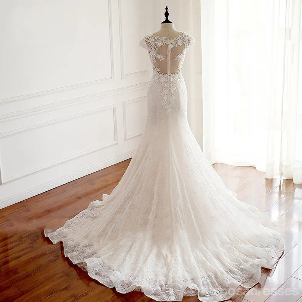 2018 Sexy See Through Cap Sleeve Lace Mermaid Wedding Bridal Dresses, Affordable Custom Made Wedding Bridal Dresses, WD268