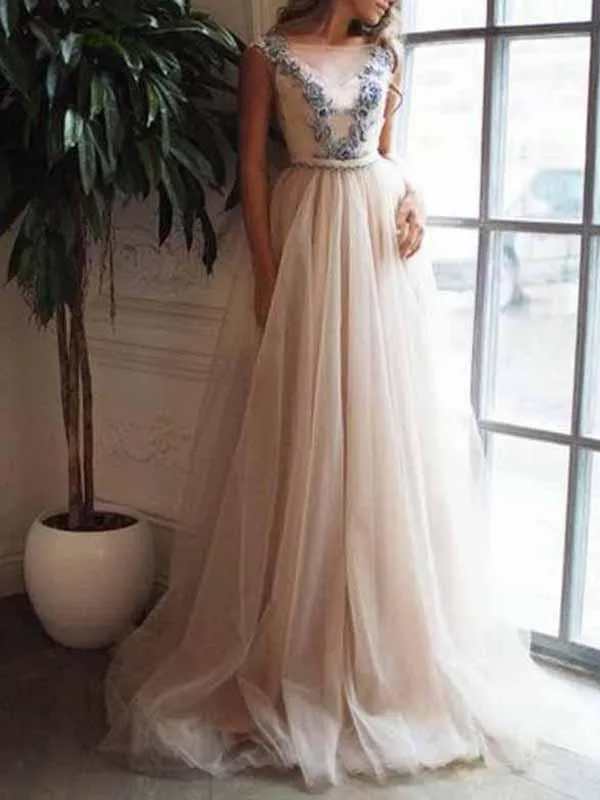 A Line Applique V-back Ivory Tulle Evening Dresses,Cheap Prom Dresses,PDY0568