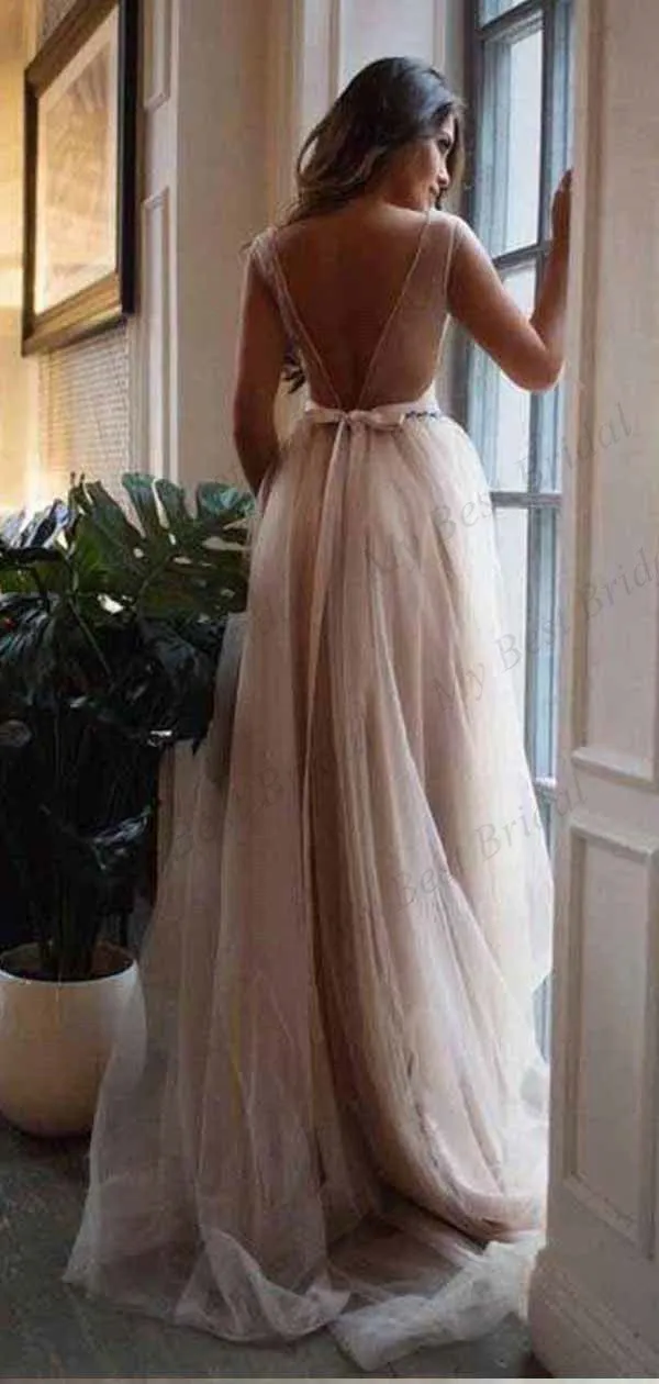 A Line Applique V-back Ivory Tulle Evening Dresses,Cheap Prom Dresses,PDY0568