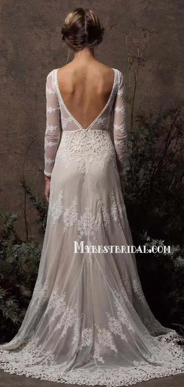 A-line Bateau Long Sleeves White Lace Wedding Dresses.Cheap Wedding Dresses, WDY0271