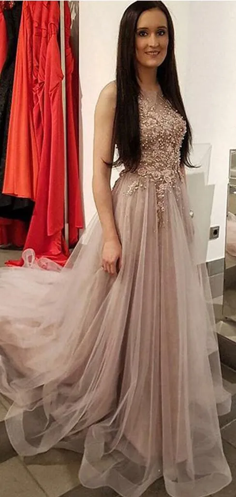 A-line Beaded Jewel Neck Dusty Pink Long Prom Dresses,Cheap Prom Dresses,PDY0531