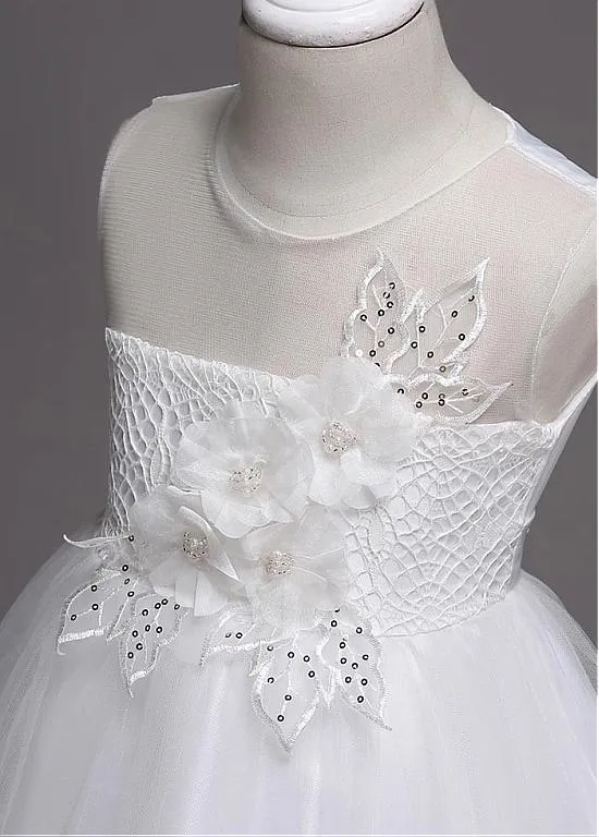 A-line Beaded White Lace Flower Girl Dresses With Handmade Flowers ,Cheap Flower Girl Dresses ,FGY0167