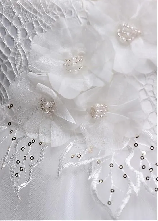 A-line Beaded White Lace Flower Girl Dresses With Handmade Flowers ,Cheap Flower Girl Dresses ,FGY0167