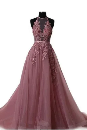 A Line Cheap Halter Tulle Prom Appliques Long Party Dress with Rhinestones