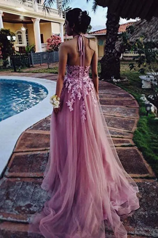 A Line Cheap Halter Tulle Prom Appliques Long Party Dress with Rhinestones