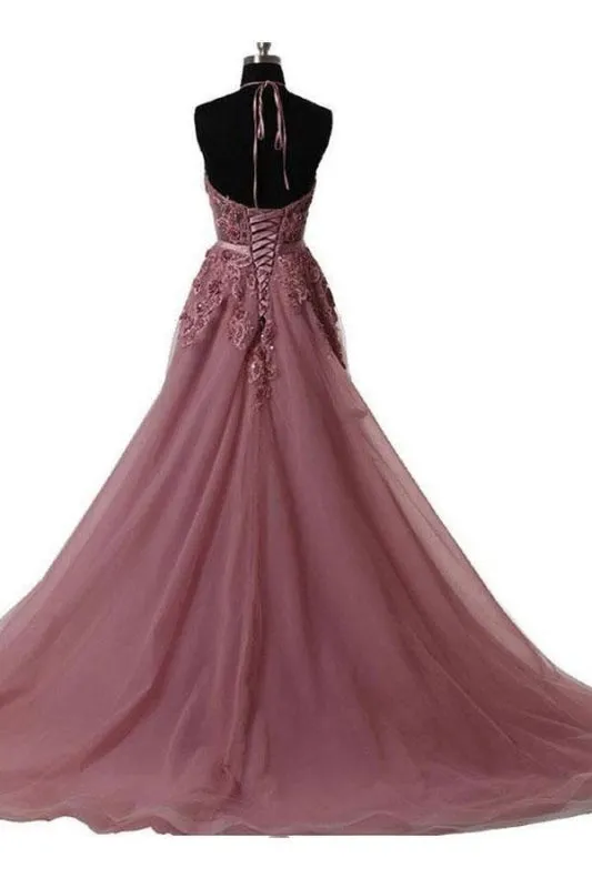 A Line Cheap Halter Tulle Prom Appliques Long Party Dress with Rhinestones