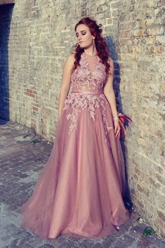 A Line Cheap Halter Tulle Prom Appliques Long Party Dress with Rhinestones