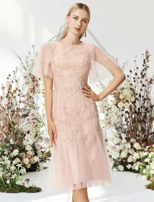 A-Line Cocktail Dresses Flirty Dress Graduation Knee Length Half Sleeve Lace with Appliques