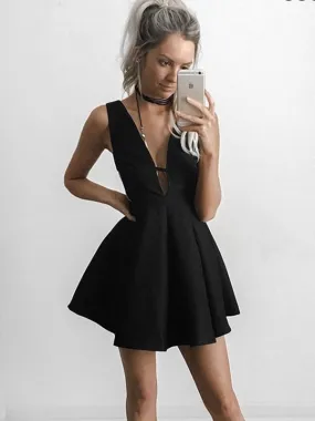 A-Line Deep V-Neck Short Black Satin Homecoming Dresses,Short Prom Dresses,BDY0333