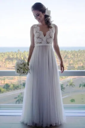 A Line Floor Length V Neck Sleeveless Tulle Beach Wedding Dress with Lace