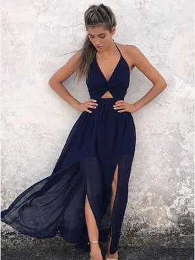 A-Line Halter Backless Navy-Blue Chiffon Prom Dresses ,Cheap Prom Dresses,PDY0431