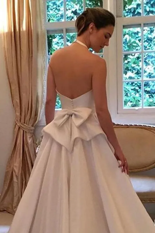 A Line Halter Satin Simple Backless Sleeveless Wedding Dress with Bow