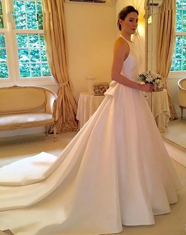 A Line Halter Satin Simple Backless Sleeveless Wedding Dress with Bow