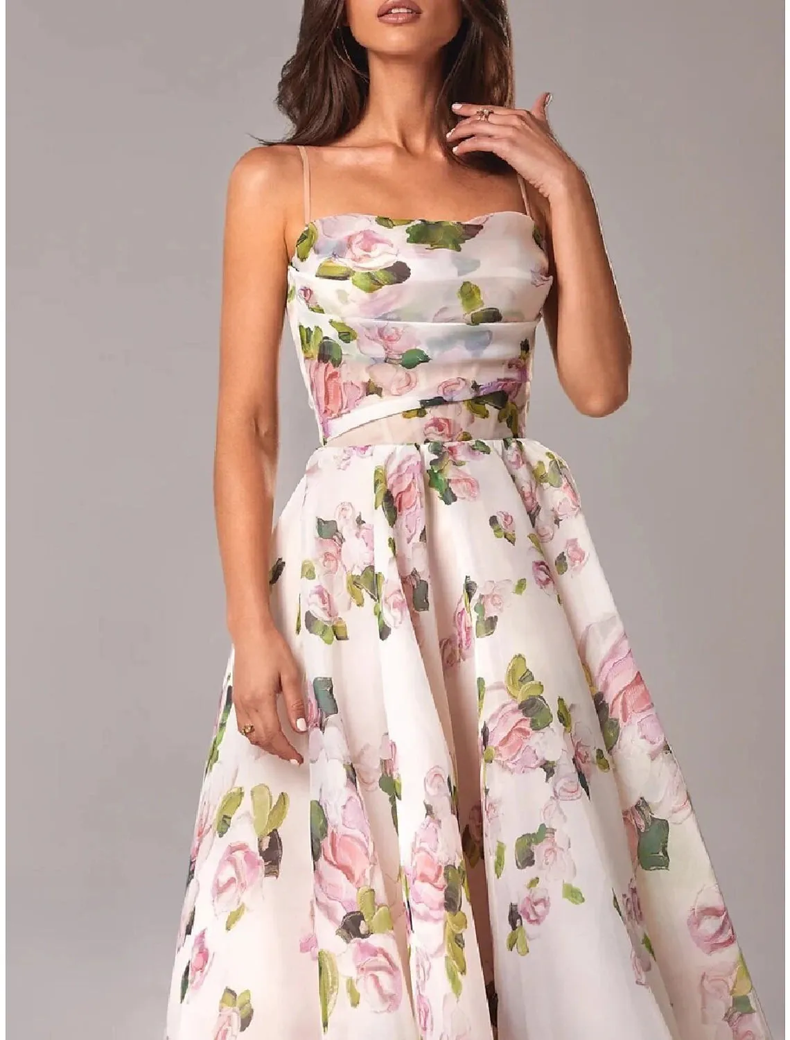 A-Line Homecoming Dresses Princess Dress Wedding Guest Holiday Tea Length Sleeveless Spaghetti Strap Organza with Print