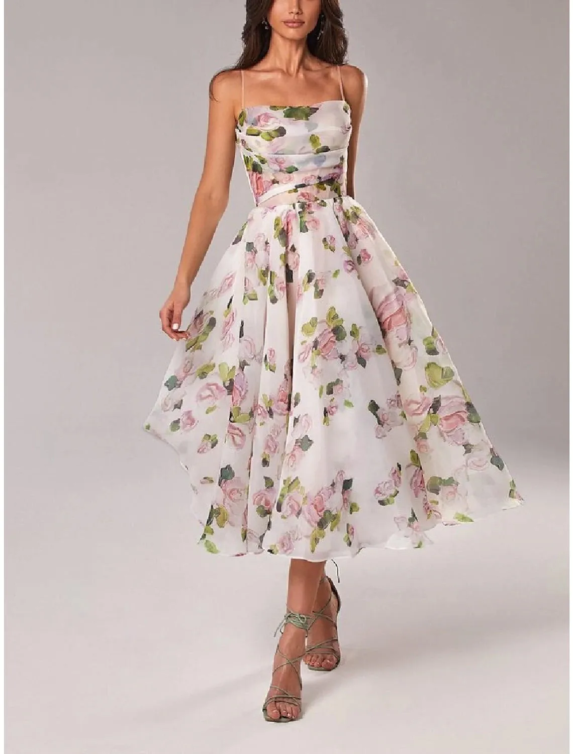 A-Line Homecoming Dresses Princess Dress Wedding Guest Holiday Tea Length Sleeveless Spaghetti Strap Organza with Print