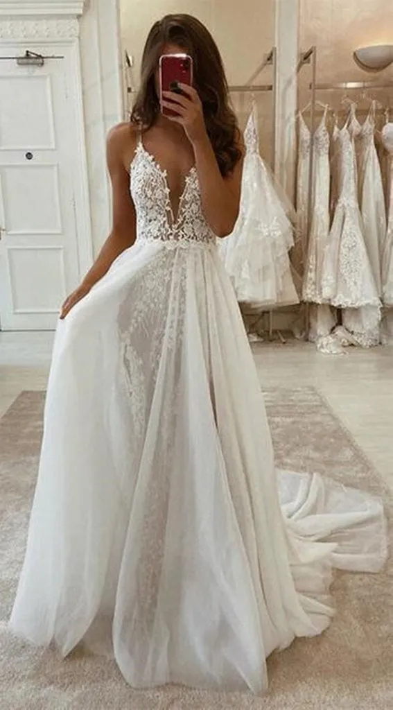 A-Line Ivory Deep V-Neck Wedding Dress with Lace, WD23022620