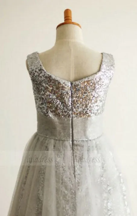 A-Line Jewel Tea-Length Silver Tulle Sequined Flower Girl Dress,BD99830