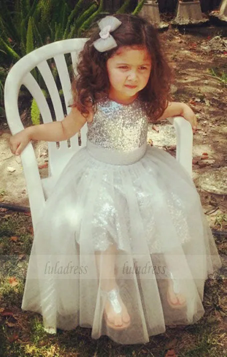 A-Line Jewel Tea-Length Silver Tulle Sequined Flower Girl Dress,BD99830