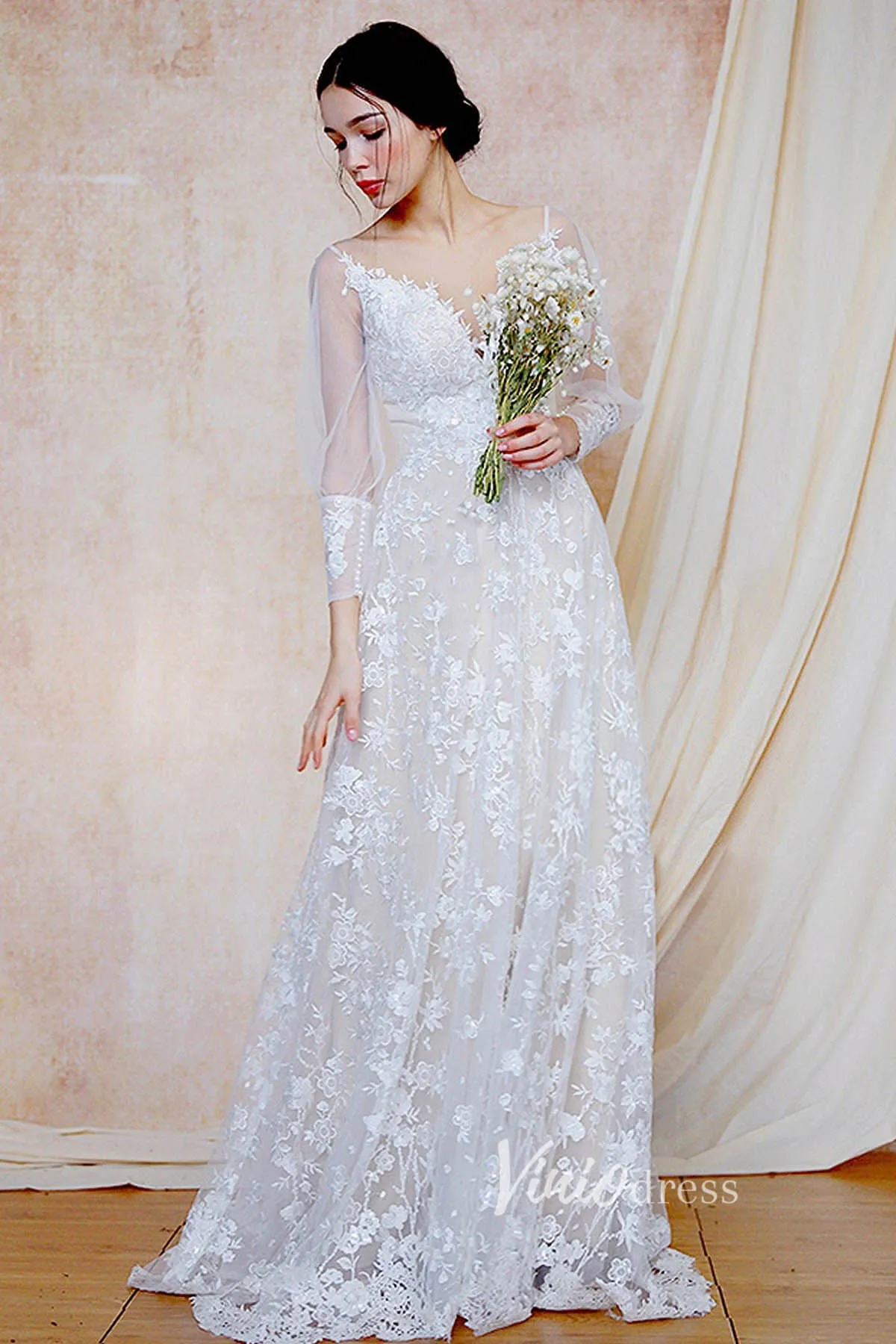 A-line Lace Boho Wedding Dresses Long Sleeve Bridal Dress VW2203