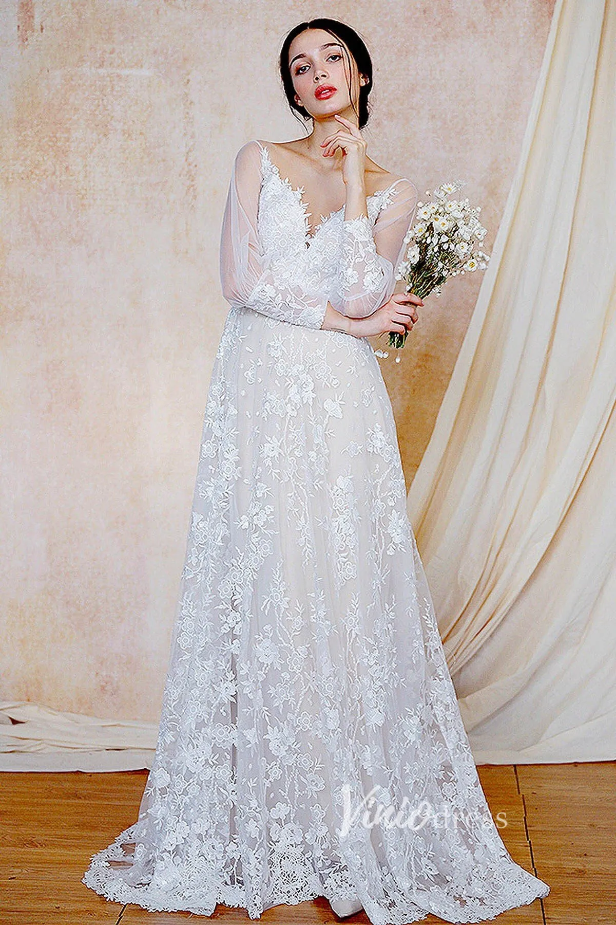 A-line Lace Boho Wedding Dresses Long Sleeve Bridal Dress VW2203