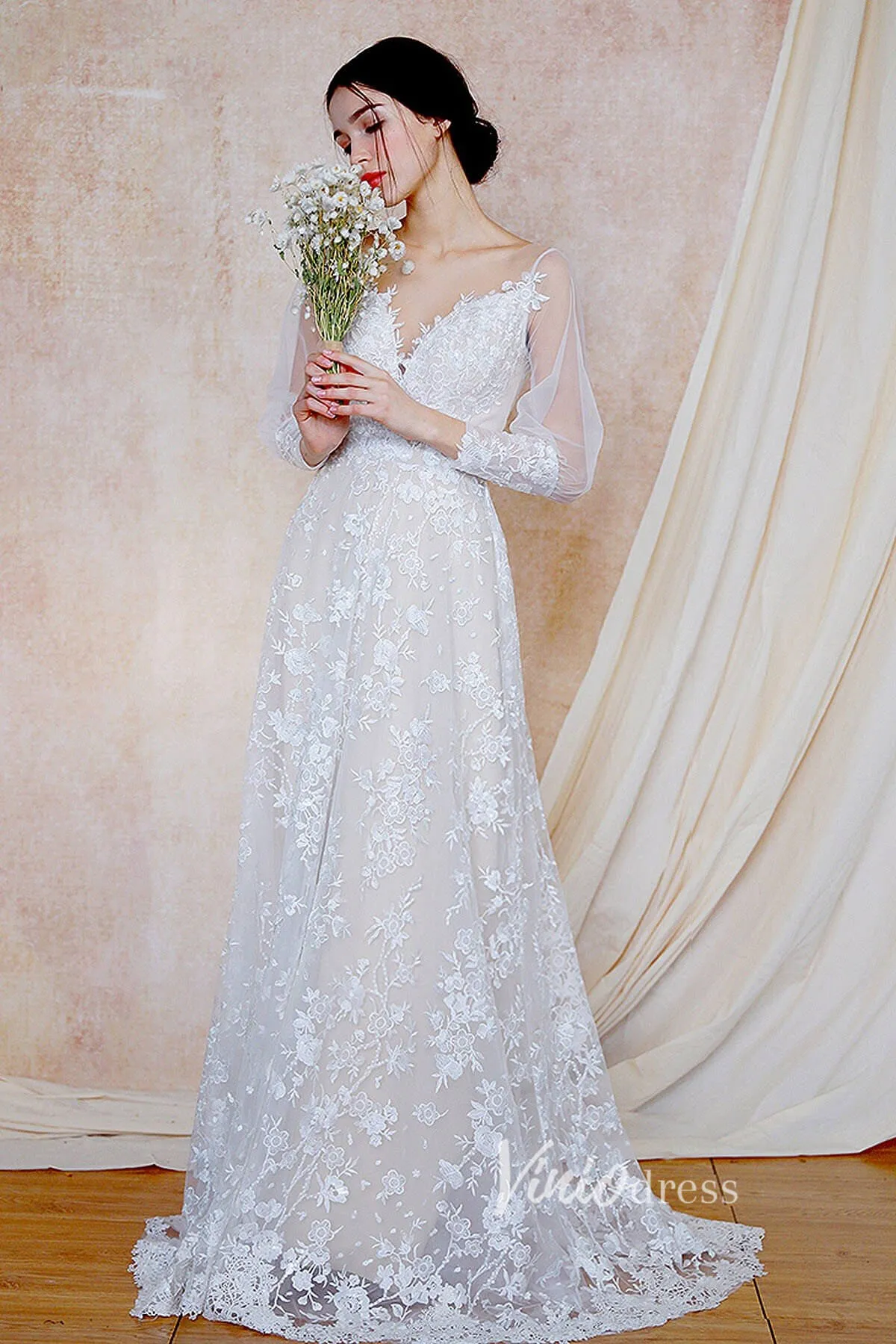 A-line Lace Boho Wedding Dresses Long Sleeve Bridal Dress VW2203