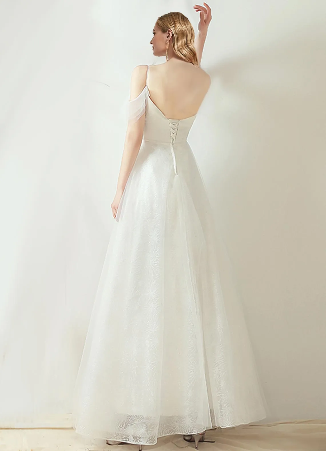 A-Line Lace Up Ruffle Sleeves Slim Wedding Bridal Dress