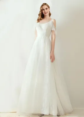 A-Line Lace Up Ruffle Sleeves Slim Wedding Bridal Dress