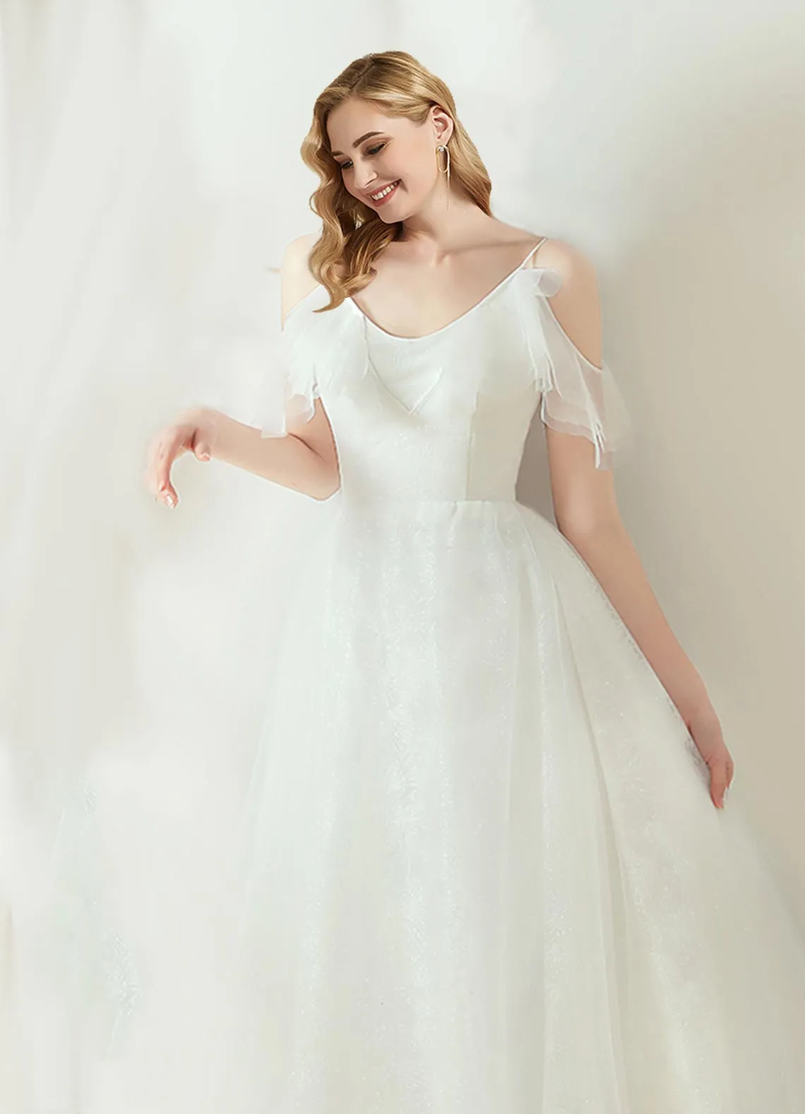 A-Line Lace Up Ruffle Sleeves Slim Wedding Bridal Dress