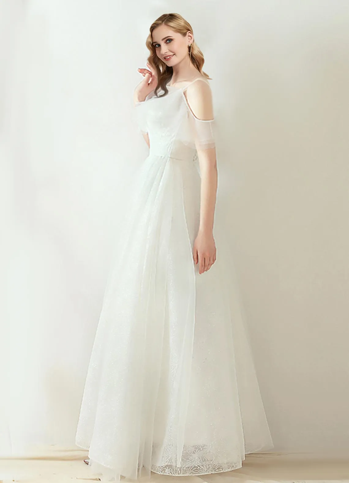 A-Line Lace Up Ruffle Sleeves Slim Wedding Bridal Dress