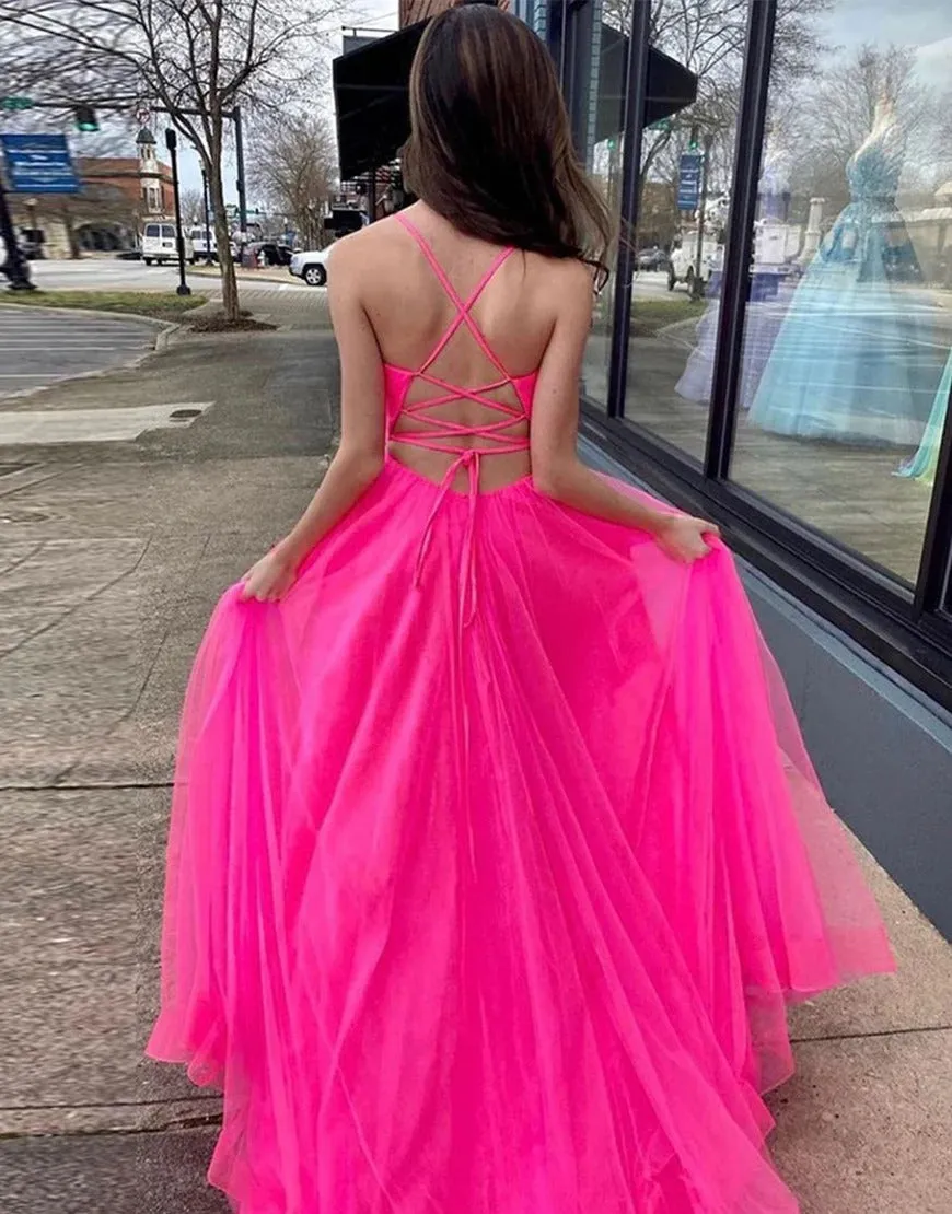 A Line Long Lace Up Back Senior Pink Prom Dresses,BD930609