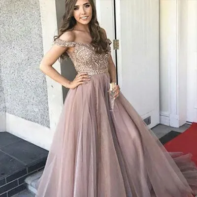 A-Line Off-the-Shoulder Blush Tulle Prom Dress With Beading, Cheap Prom Dresses,PDY0214