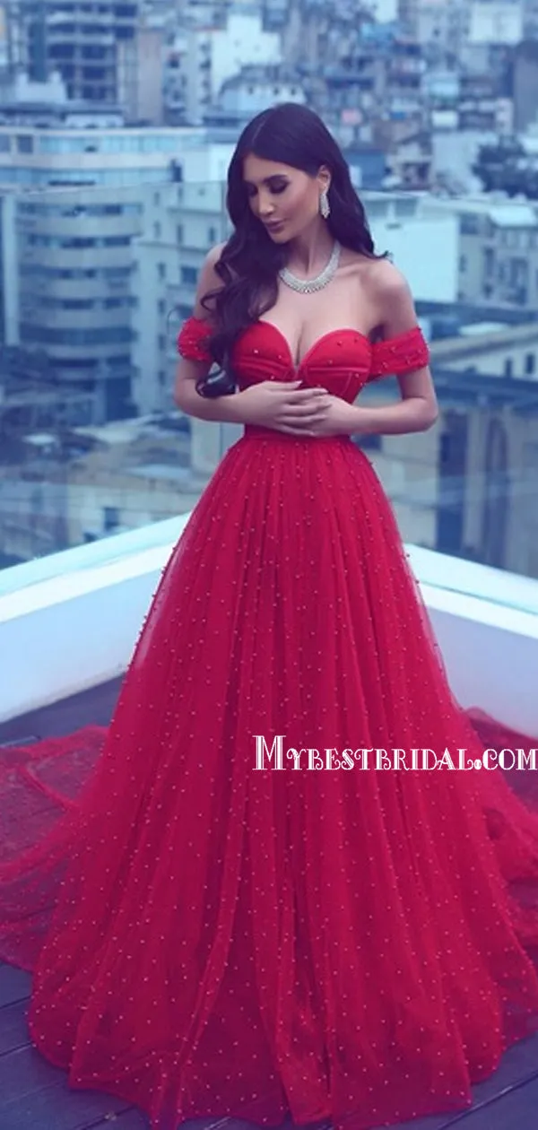 A-Line Off-the-Shoulder Court Train Dark Red Tulle Prom Dress With Beading ,Wedding Dress,Party Dresses,PDY0325