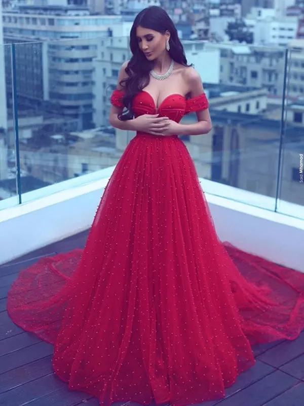 A-Line Off-the-Shoulder Court Train Dark Red Tulle Prom Dress With Beading ,Wedding Dress,Party Dresses,PDY0325