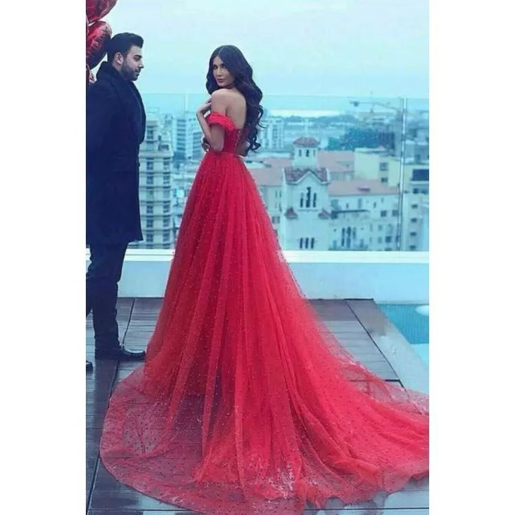 A-Line Off-the-Shoulder Court Train Dark Red Tulle Prom Dress With Beading ,Wedding Dress,Party Dresses,PDY0325