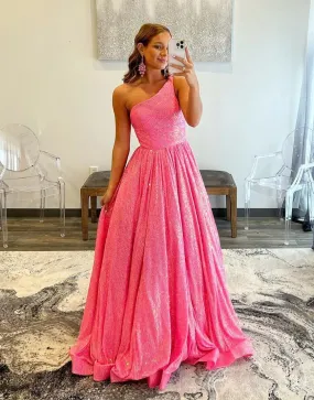 A Line Pink Cute One-Shoulder Backless Long Prom Dresses,BD930638