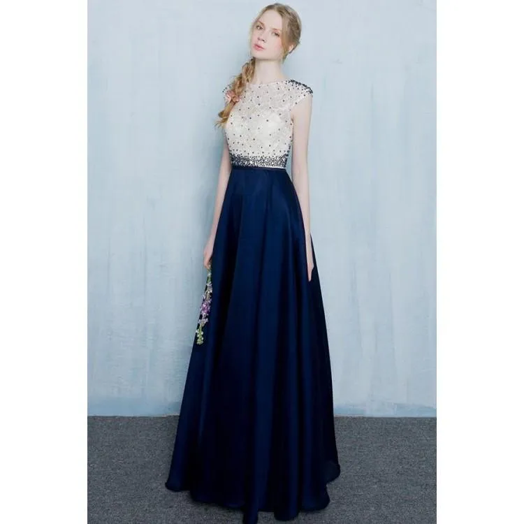 A line Prom Dresses, Blue Prom Dresses, Long Prom Dresses With Beaded/Beading Cap Sleeve Bateau ,PDY0307