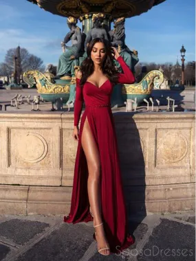 A-line Red High Side Slit Long Sleeves Prom Dresses, Sweet 16 Prom Dresses, 12391