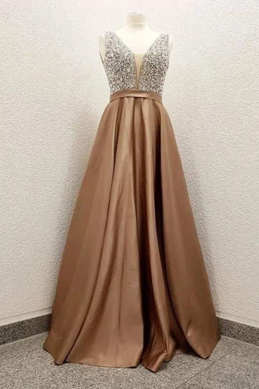 A Line Satin Prom Dress with Beading Sequins Sparkly V Neck Evening Dresses