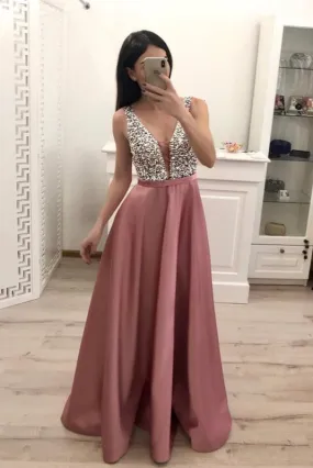 A Line Satin Prom Dress with Beading Sequins Sparkly V Neck Evening Dresses