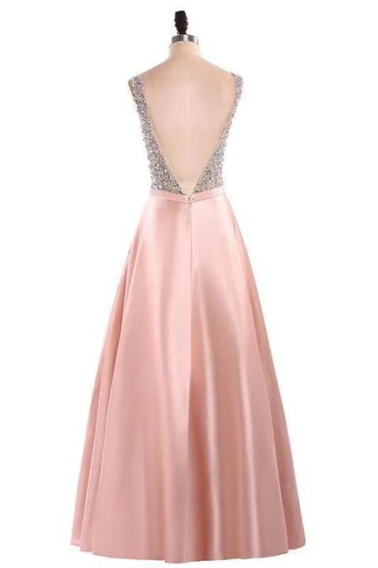 A Line Satin Prom Dress with Beading Sequins Sparkly V Neck Evening Dresses