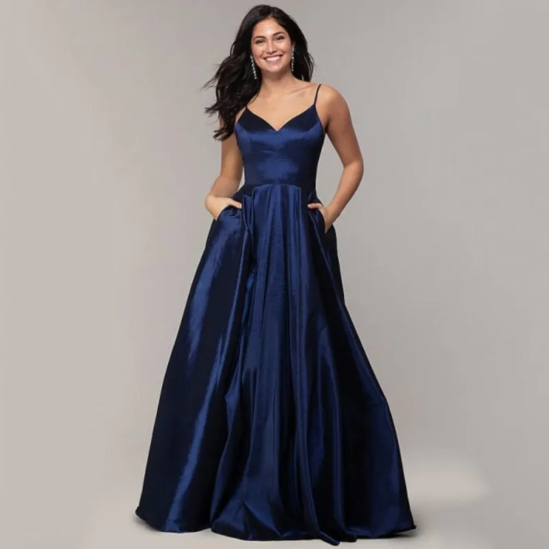 A-Line Satin Spaghetti Straps Evening Dress EV1008