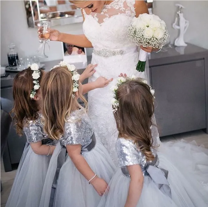 A-Line Short Sleeves Silver Sequined Flower Girl Dresses,Cheap Flower Girl Dresses ,FGY0240