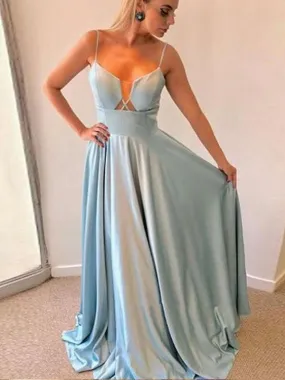 A Line Spagghetti Straps Light Blue Satin Prom Dresses,Cheap Prom Dresses,PDY0538