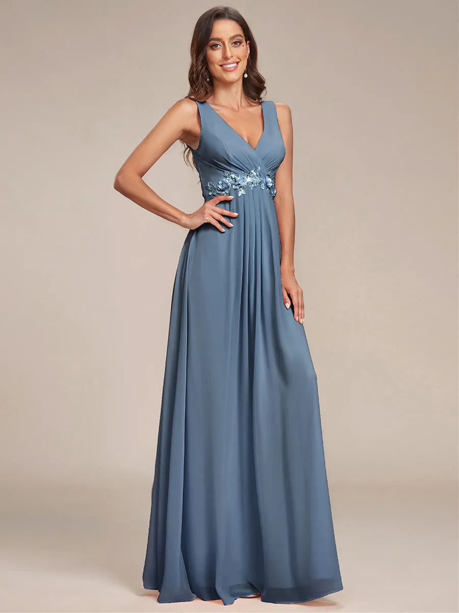 A-Line V Neck Appliques Ruched Wholesale Evening Dresses