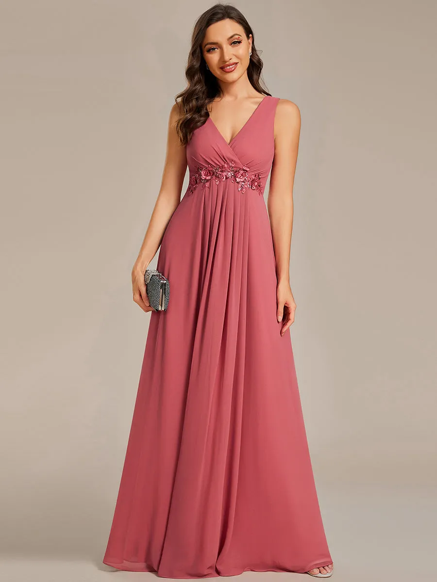 A-Line V Neck Appliques Ruched Wholesale Evening Dresses